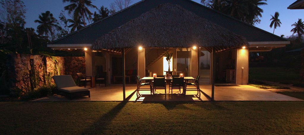 The Villa patio at night - Ifiele'ele Plantation boutique self-catering eco-retreat in Samoa
